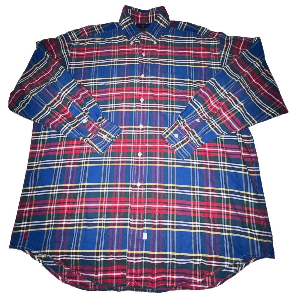 Vintage Polo Ralph Lauren Shirt Men Large The Big Oxford Plaid Button Down Red